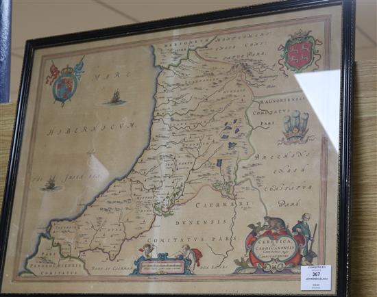 Johannes Blaeu, coloured engraving, map of Ceretica Sive Cardiganensis, 16 x 21in.